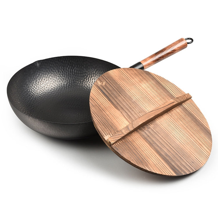 32cm with Wooden Cover Vintage Traditional Handmade Uncoated Wok Pan - Woks by PMC TechLife | Online Shopping South Africa | PMC TechLife