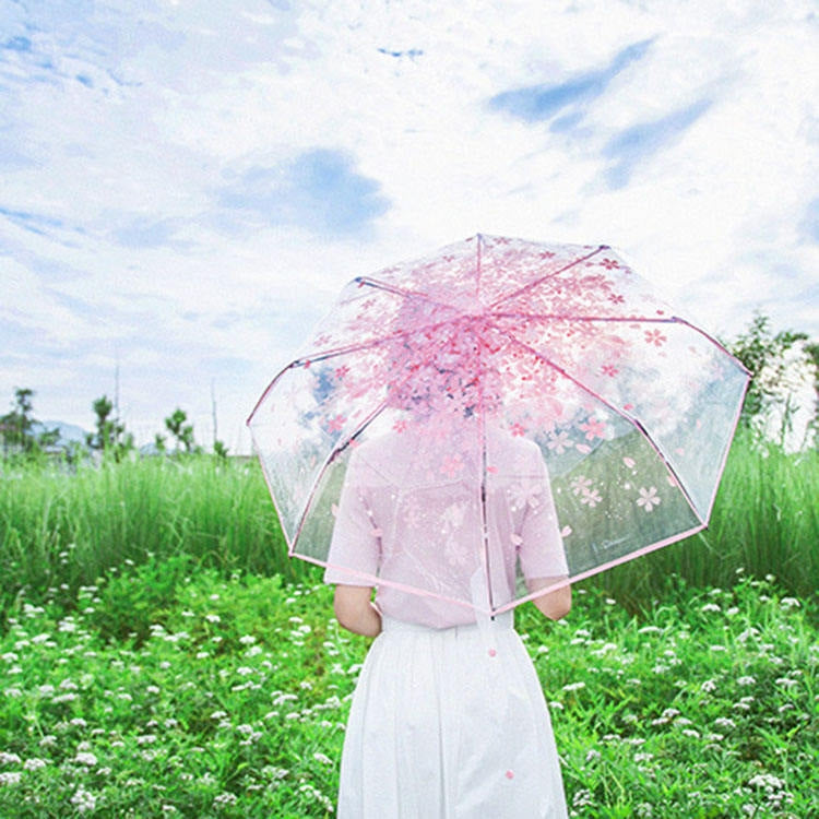 Cherry Blossom Transparent Triple-fold Umbrella Individual Folding Umbrella(Pink) - Umbrellas by PMC TechLife | Online Shopping South Africa | PMC TechLife
