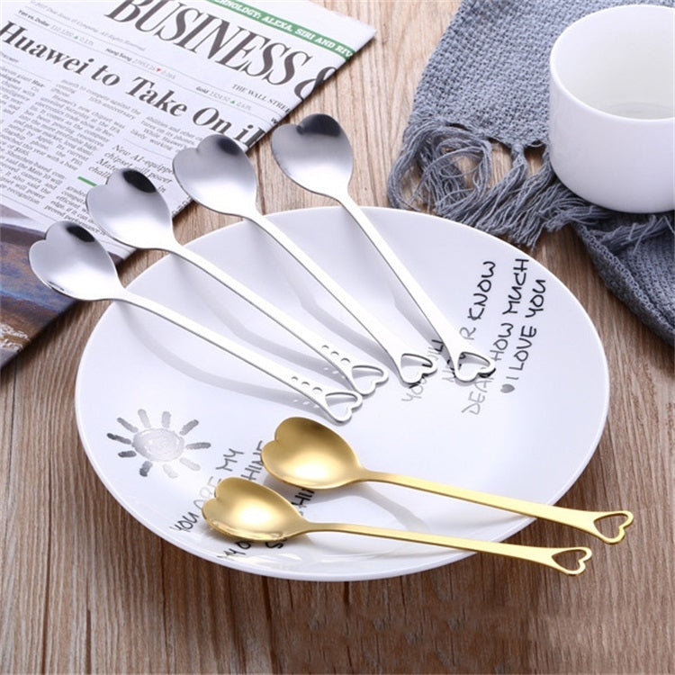 2 PCS Stainless Steel Spoon Portable Metal Coffee Teaspoon Creative Love Heart Shaped Wedding Party Gift Dinnerware, Color:Gold Single Hole Love - free shipping - PMC TechLife - Order now!