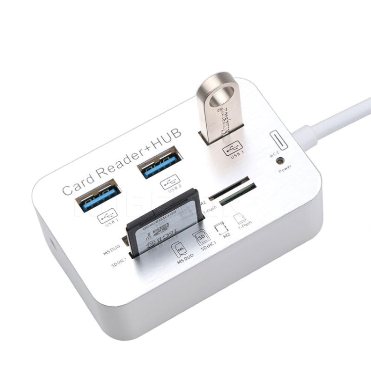 USB 3.1 Type-C COMBO 3 Ports HUB + MS DUO / SD(HC) / M2 / T-Flash Card Reader with LED Indication(Silver) - Card Reader by PMC Jewellery | Online Shopping South Africa | PMC Jewellery | Buy Now Pay Later Mobicred