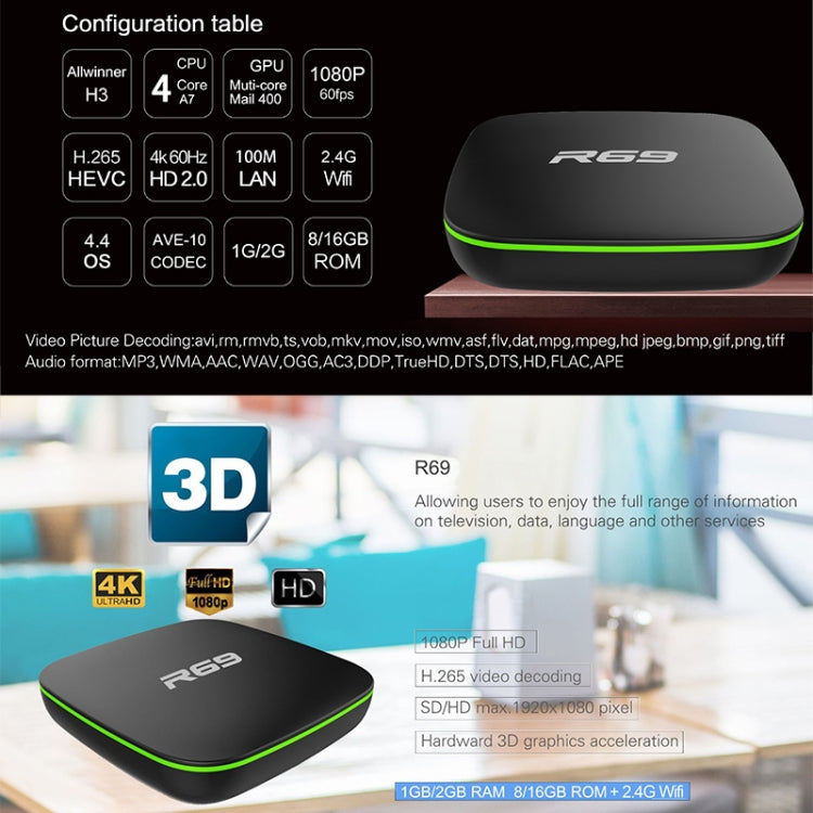 R69 1080P HD Smart TV BOX Android 4.4 Media Player with Remote Control, Quad Core Allwinner H3, RAM: 1GB, ROM: 8GB, 2.4G WiFi, LAN, US Plug - Allwinner H3 by PMC TechLife | Online Shopping South Africa | PMC TechLife | Buy Now Pay Later Mobicred