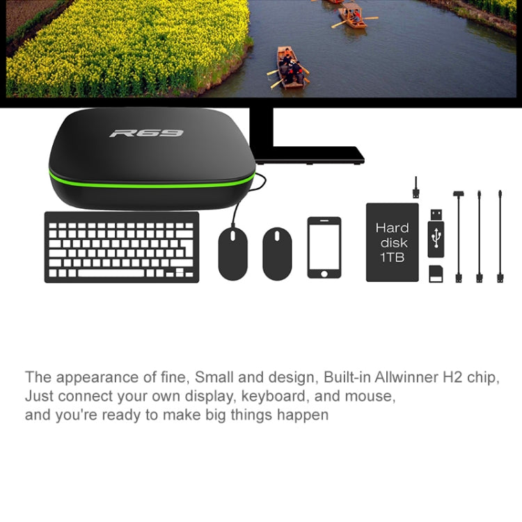 R69 1080P HD Smart TV BOX Android 4.4 Media Player with Remote Control, Quad Core Allwinner H3, RAM: 1GB, ROM: 8GB, 2.4G WiFi, LAN, EU Plug - Allwinner H3 by PMC TechLife | Online Shopping South Africa | PMC TechLife | Buy Now Pay Later Mobicred