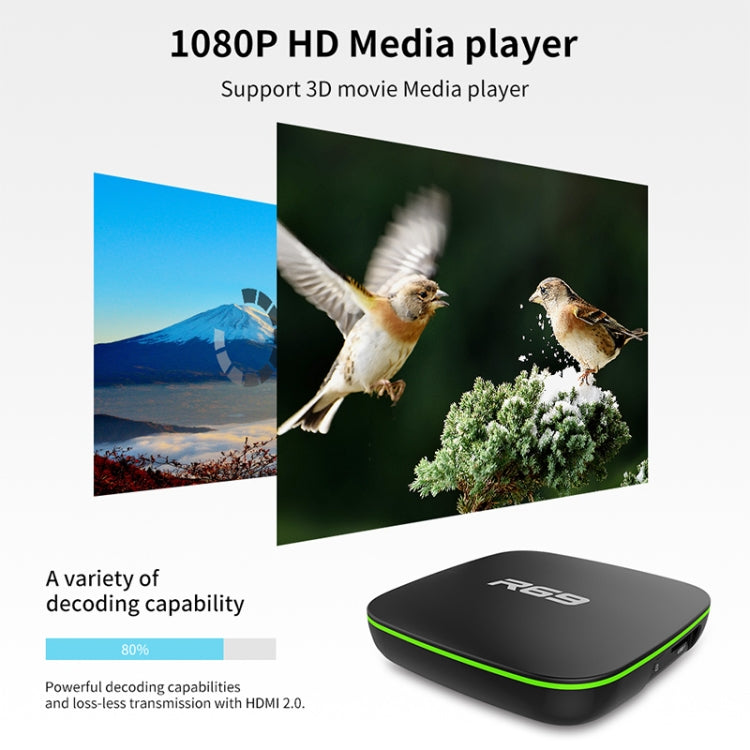 R69 1080P HD Smart TV BOX Android 4.4 Media Player with Remote Control, Quad Core Allwinner H3, RAM: 1GB, ROM: 8GB, 2.4G WiFi, LAN, UK Plug - Allwinner H3 by PMC TechLife | Online Shopping South Africa | PMC TechLife | Buy Now Pay Later Mobicred