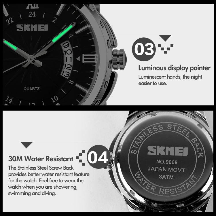 SKMEI 9069 Multifunctional Outdoor Fashion Business Waterproof Interval Gold Shell Quartz Wrist Watch(Gold) - free shipping - PMC TechLife - Order now!