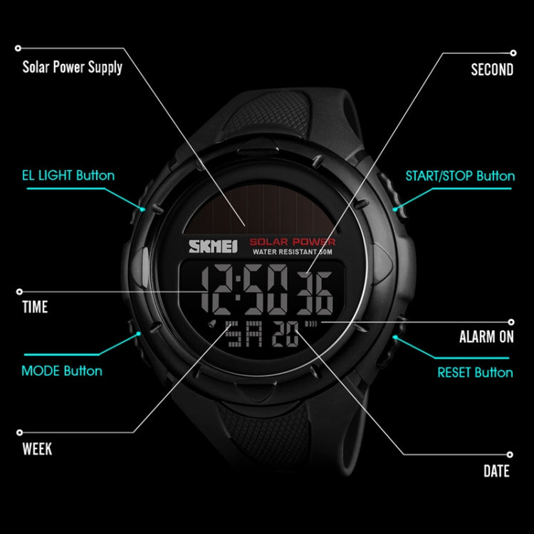 SKMEI 1405 Fashion Solar Power Outdoor Sports Watch Multifunctional 50m Waterproof Men Digital Watch(Black) - free shipping - PMC TechLife - Order now!