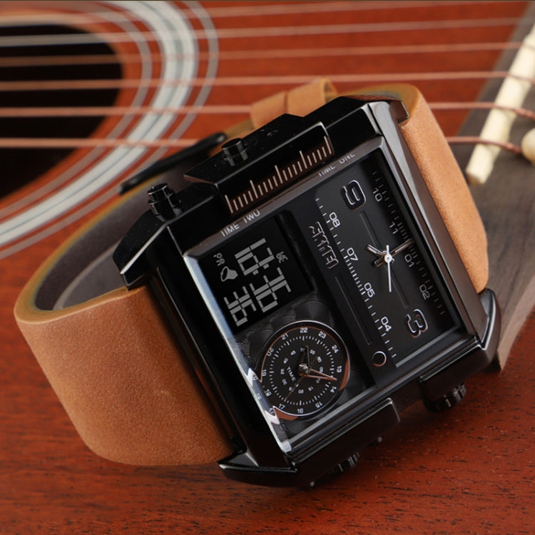 SKMEI 1391 Multifunctional Men Business Digital Watch 30m Waterproof Square Dial Wrist Watch with Leather Watchband(Black Brown) - free shipping - PMC TechLife - Order now!