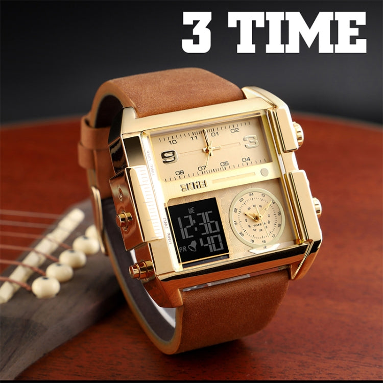 SKMEI 1391 Multifunctional Men Business Digital Watch 30m Waterproof Square Dial Wrist Watch with Leather Watchband(Silver+Coffee) - free shipping - PMC TechLife - Order now!