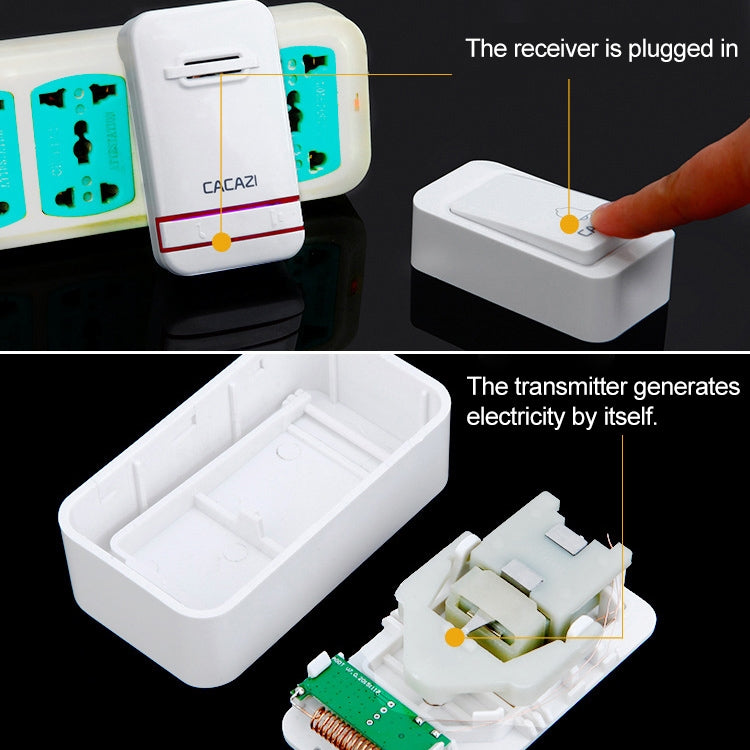 CACAZI V027G One Button Three Receivers Self-Powered Wireless Home Kinetic Electronic Doorbell, US Plug - free shipping - PMC TechLife - Order now!