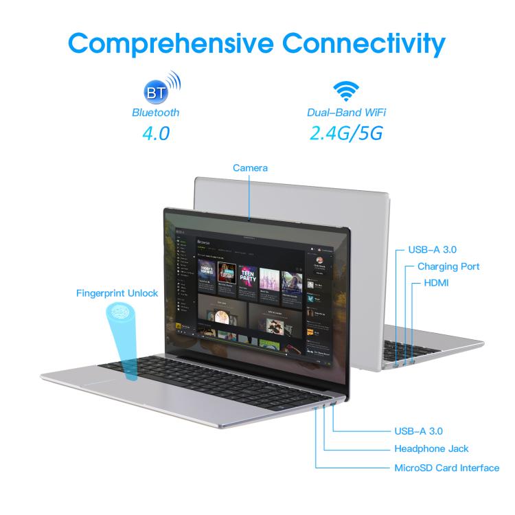 N5095 15.6 inch Laptop, 16GB+512GB, Windows 11 Intel Celeron N5095 Quad Core, Support Fingerprint Unlock, US Plug (Silver) - free shipping - PMc TechLife - Order now!