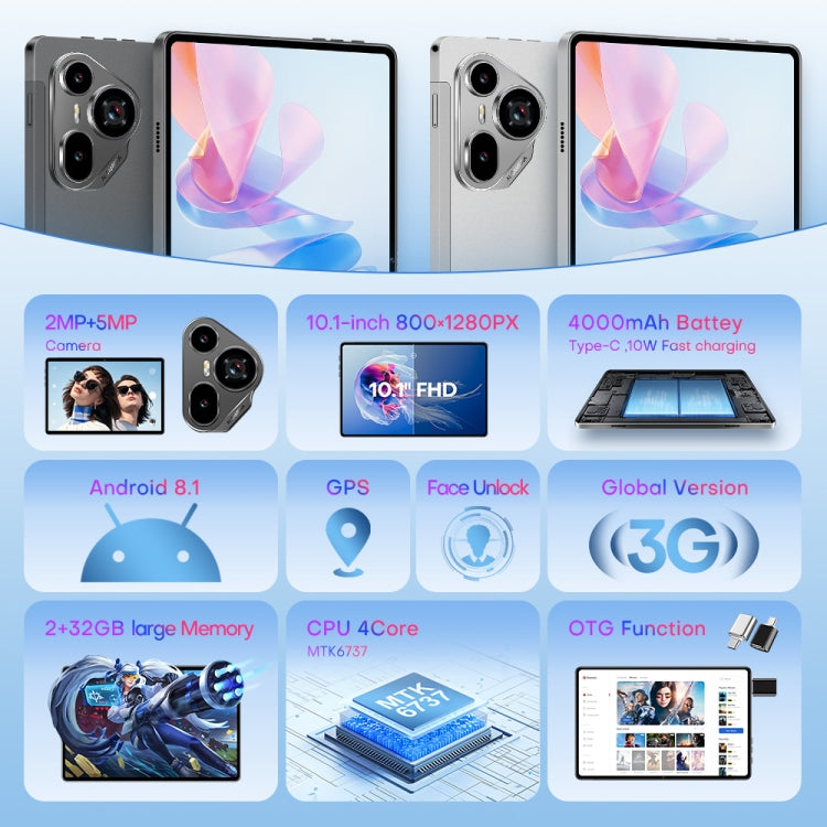 Pad7 Ultra 10.1 inch 3G Phone Call Tablet PC, 2GB+32GB, Android 8.1 MTK6737 Quad Core, US Plug (Silver) - free shipping - PMc TechLife - Order now!