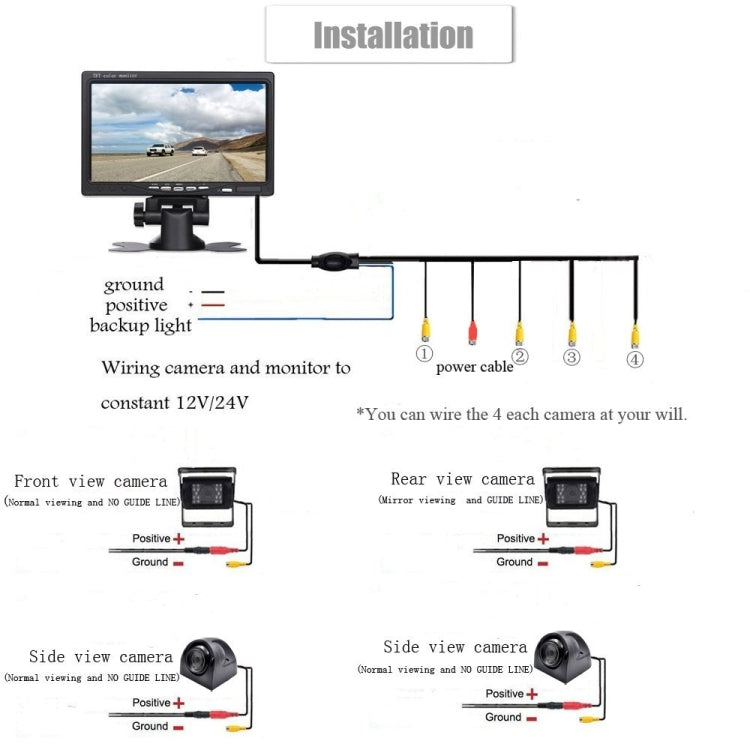 K0164 7 inch HD Car 18 IR Night Vision Rear View Backup Four Cameras Rearview Monitor - Rear View Cameras by PMC TechLife | Online Shopping South Africa | PMC TechLife