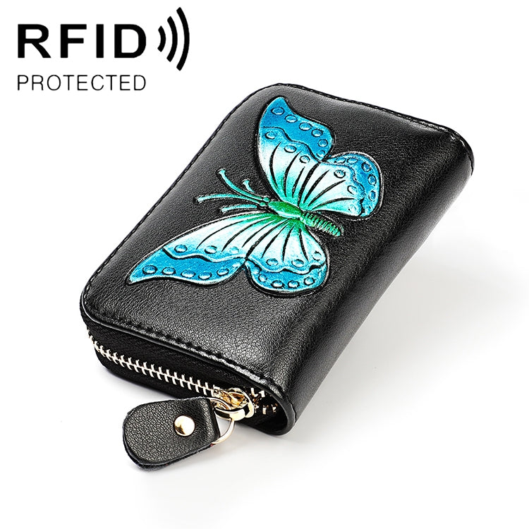 KB152 Butterfly Pattern Zipper Cowhide Leather Organ Shape Multiple Card Slots Anti-magnetic RFID Wallet for Ladies(Blue) - Antimagnetic RFID Package by PMC TechLife | Online Shopping South Africa | PMC TechLife | Buy Now Pay Later Mobicred