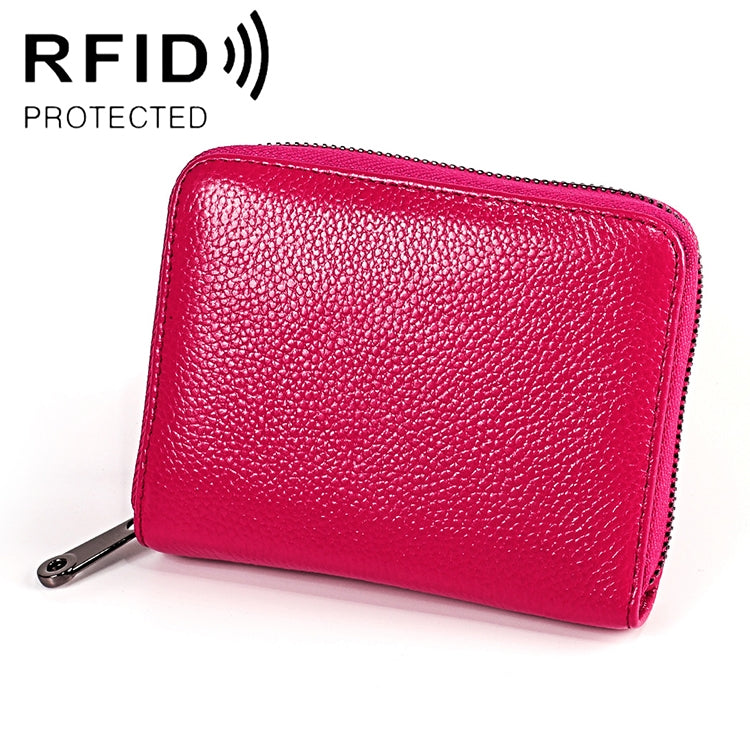 KB195 Zipper Cowhide Leather Double Row Organ Shape Multiple Card Slots Anti-magnetic RFID Wallet Clutch Bag for Ladies(Rose Red) - free shipping - PMC TechLife - Order now!
