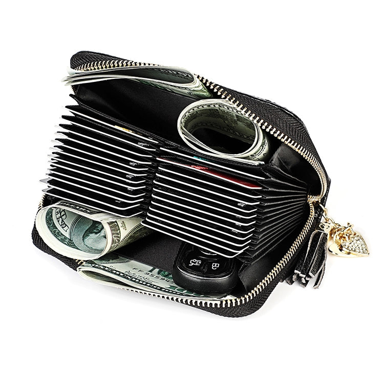KB213 Diamond Texture Zipper Cowhide Leather Double Row Organ Shape Multiple Card Slots Anti-magnetic RFID Wallet Clutch Bag for Ladies (Black) - free shipping - PMC TechLife - Order now!