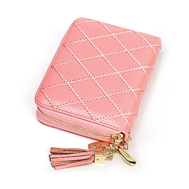 KB213 Diamond Texture Zipper Cowhide Leather Double Row Organ Shape Multiple Card Slots Anti-magnetic RFID Wallet Clutch Bag for Ladies (Pink) - free shipping - PMC TechLife - Order now!