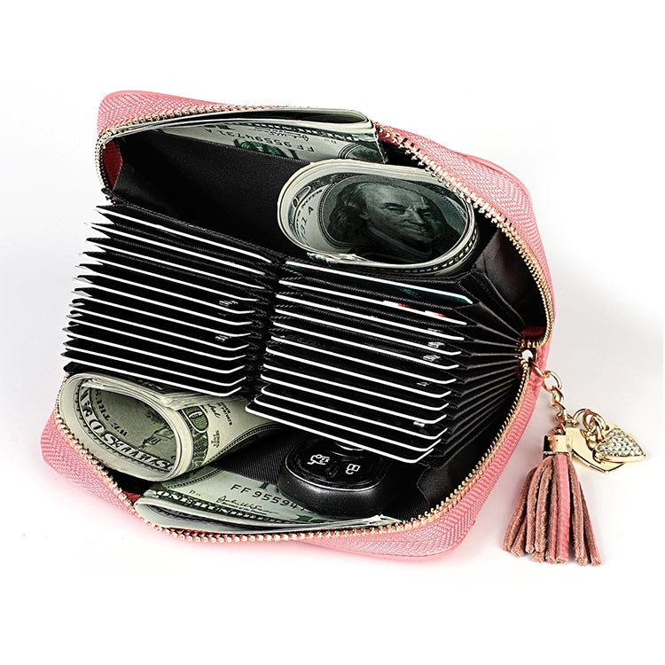KB213 Diamond Texture Zipper Cowhide Leather Double Row Organ Shape Multiple Card Slots Anti-magnetic RFID Wallet Clutch Bag for Ladies (Pink) - free shipping - PMC TechLife - Order now!