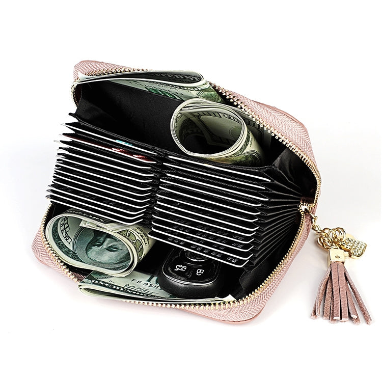 KB213 Diamond Texture Zipper Cowhide Leather Double Row Organ Shape Multiple Card Slots Anti-magnetic RFID Wallet Clutch Bag for Ladies (Light Pink) - free shipping - PMC TechLife - Order now!