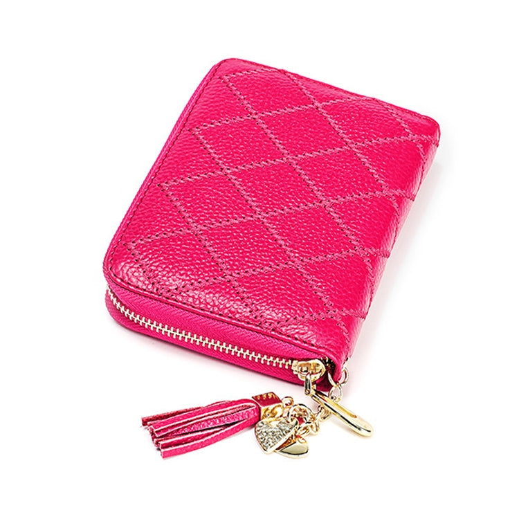 KB213 Diamond Texture Zipper Cowhide Leather Double Row Organ Shape Multiple Card Slots Anti-magnetic RFID Wallet Clutch Bag for Ladies (Rose Red) - free shipping - PMC TechLife - Order now!