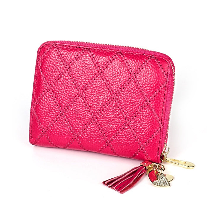 KB213 Diamond Texture Zipper Cowhide Leather Double Row Organ Shape Multiple Card Slots Anti-magnetic RFID Wallet Clutch Bag for Ladies (Rose Red) - free shipping - PMC TechLife - Order now!