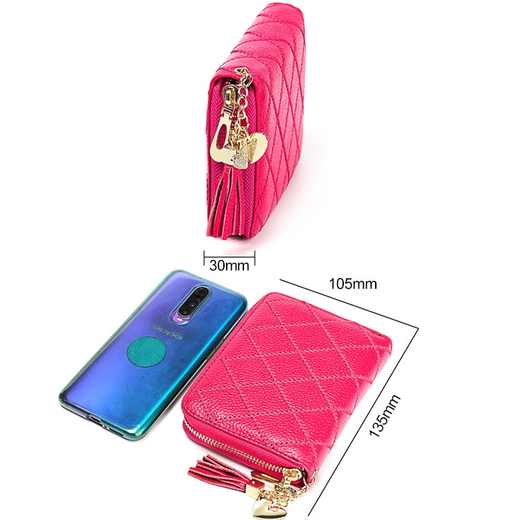 KB213 Diamond Texture Zipper Cowhide Leather Double Row Organ Shape Multiple Card Slots Anti-magnetic RFID Wallet Clutch Bag for Ladies (Rose Red) - free shipping - PMC TechLife - Order now!
