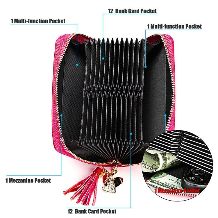 KB213 Diamond Texture Zipper Cowhide Leather Double Row Organ Shape Multiple Card Slots Anti-magnetic RFID Wallet Clutch Bag for Ladies (Rose Red) - free shipping - PMC TechLife - Order now!