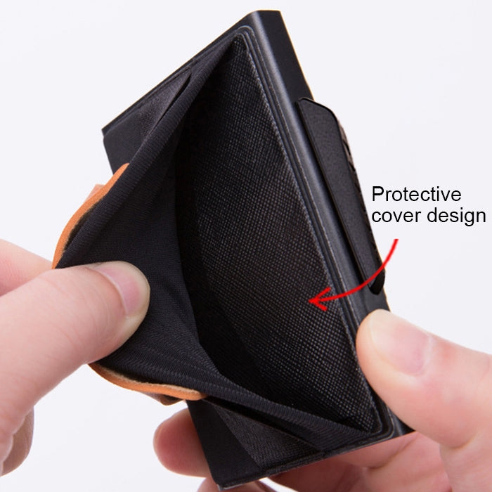 X-32C Automatically Pop-up Card Type Anti-magnetic RFID Anti-theft Men Aluminum Alloy B Dial Button Elastic Bag Wallet with PU Leather Strap(Black) - free shipping - PMC TechLife - Order now!