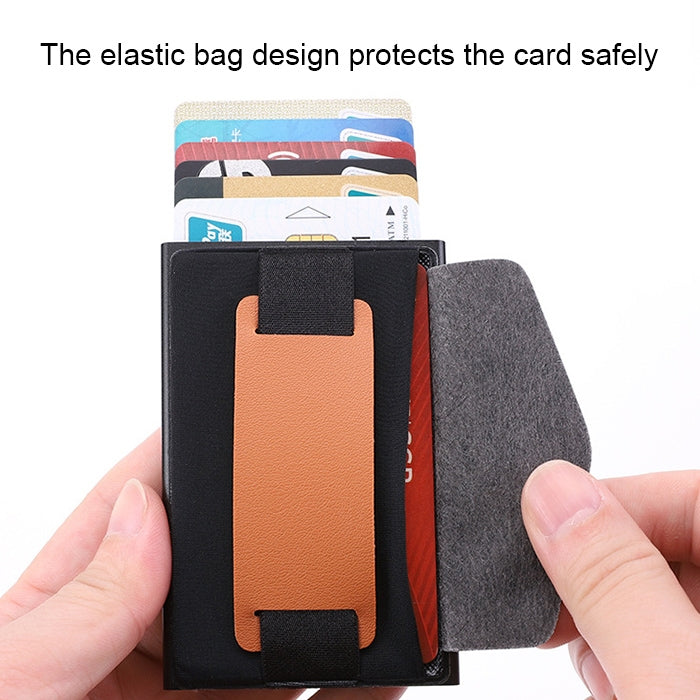 X-32C Automatically Pop-up Card Type Anti-magnetic RFID Anti-theft Men Aluminum Alloy B Dial Button Elastic Bag Wallet with PU Leather Strap(Black) - free shipping - PMC TechLife - Order now!