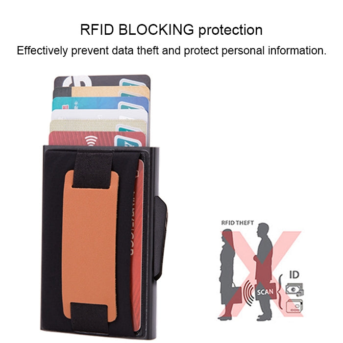 X-32C Automatically Pop-up Card Type Anti-magnetic RFID Anti-theft Men Aluminum Alloy B Dial Button Elastic Bag Wallet with PU Leather Strap(Black) - free shipping - PMC TechLife - Order now!