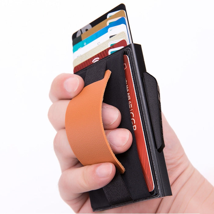 X-32C Automatically Pop-up Card Type Anti-magnetic RFID Anti-theft Men Aluminum Alloy B Dial Button Elastic Bag Wallet with PU Leather Strap(Black) - free shipping - PMC TechLife - Order now!