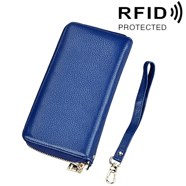 Genuine Cowhide Leather Litchi Texture Zipper Long Style Card Holder Wallet RFID Blocking Coin Purse Card Bag Protect Case with Hand Strap for Women, Size: 20*10.5*3cm(Blue) - Antimagnetic RFID Package by PMC TechLife | Online Shopping South Africa | PMC TechLife | Buy Now Pay Later Mobicred