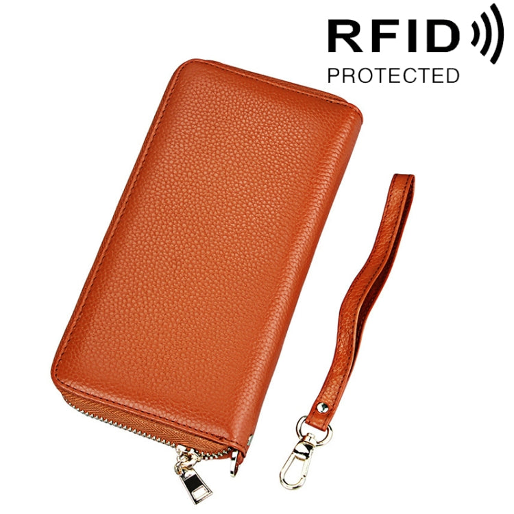 Genuine Cowhide Leather Litchi Texture Zipper Long Style Card Holder Wallet RFID Blocking Coin Purse Card Bag Protect Case with Hand Strap for Women, Size: 20*10.5*3cm(Brown) - Antimagnetic RFID Package by PMC TechLife | Online Shopping South Africa | PMC TechLife | Buy Now Pay Later Mobicred