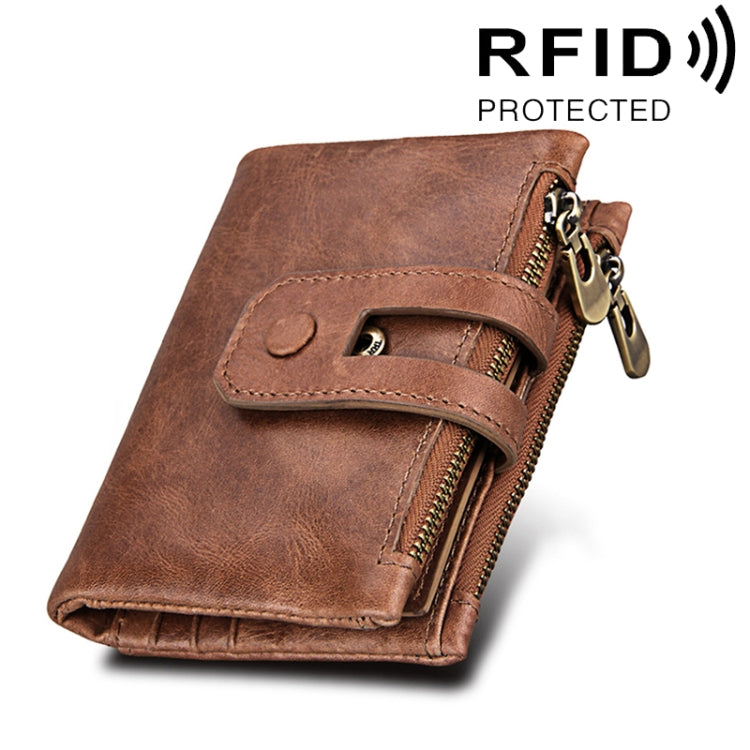 Genuine Cowhide Leather Crazy Horse Texture Zipper 3-folding Card Holder Wallet RFID Blocking Coin Purse Card Bag Protect Case for Men, Size: 12*9.5*3.5cm(Taupe) - free shipping - PMC TechLife - Order now!