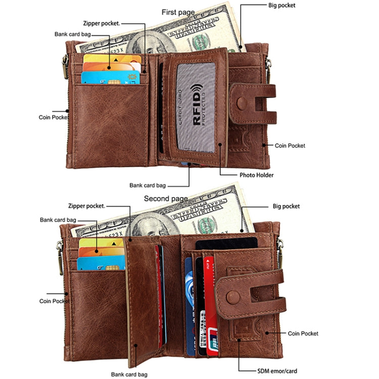 Genuine Cowhide Leather Crazy Horse Texture Zipper 3-folding Card Holder Wallet RFID Blocking Coin Purse Card Bag Protect Case for Men, Size: 12*9.5*3.5cm(Taupe) - free shipping - PMC TechLife - Order now!