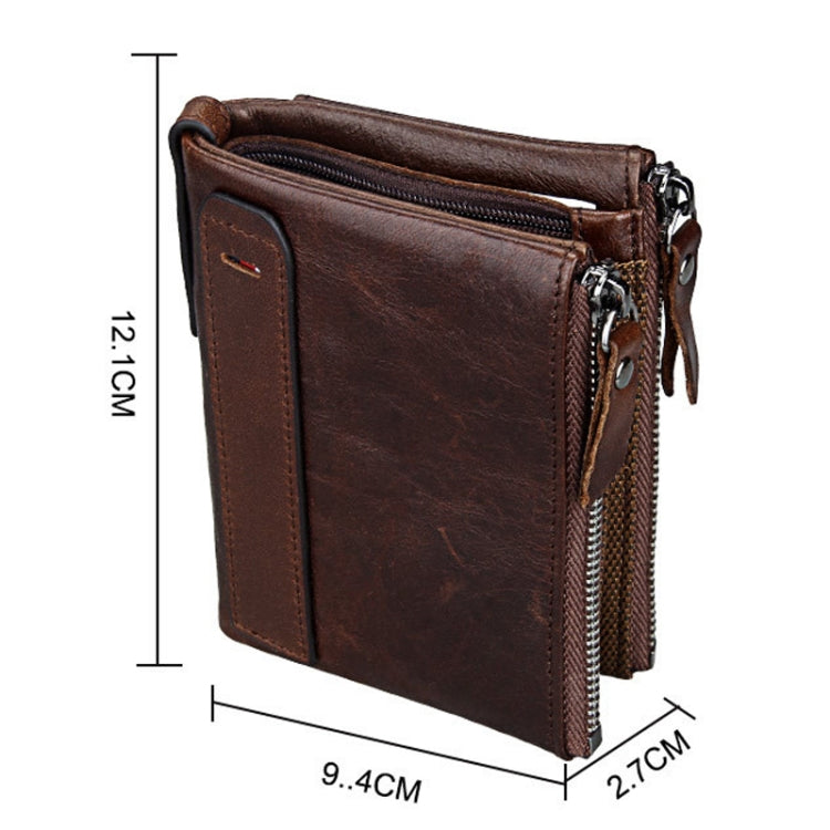 Genuine Cowhide Leather Crazy Horse Texture Dual Zipper Short Style Card Holder Wallet RFID Blocking Card Bag Protect Case for Men, Size: 12.1*9.4*2.7cm(Coffee) - Antimagnetic RFID Package by PMC TechLife | Online Shopping South Africa | PMC TechLife | Buy Now Pay Later Mobicred