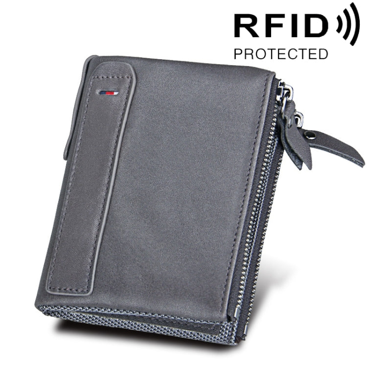 Genuine Cowhide Leather Crazy Horse Texture Dual Zipper Short Style Card Holder Wallet RFID Blocking Card Bag Protect Case for Men, Size: 12.1*9.4*2.7cm(Grey) - Antimagnetic RFID Package by PMC TechLife | Online Shopping South Africa | PMC TechLife | Buy Now Pay Later Mobicred