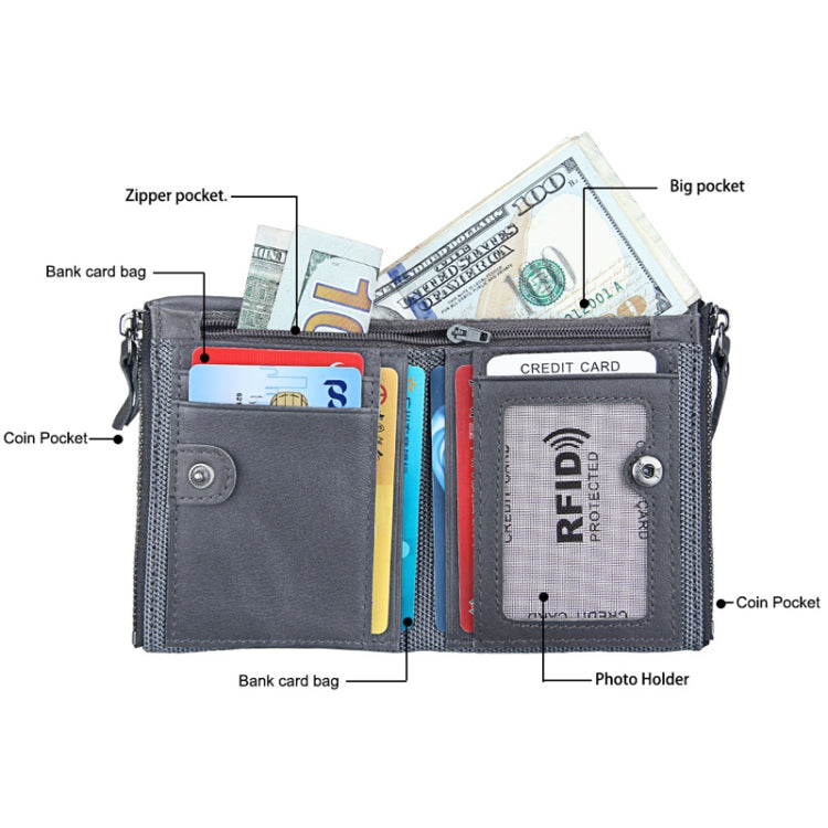 Genuine Cowhide Leather Crazy Horse Texture Dual Zipper Short Style Card Holder Wallet RFID Blocking Card Bag Protect Case for Men, Size: 12.1*9.4*2.7cm(Grey) - Antimagnetic RFID Package by PMC TechLife | Online Shopping South Africa | PMC TechLife | Buy Now Pay Later Mobicred