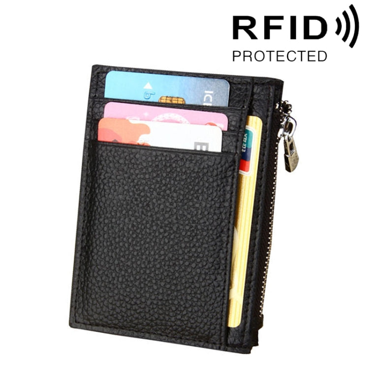 Cowhide Leather Solid Color Zipper Card Holder Wallet RFID Blocking Coin Purse Card Bag Protect Case, Size: 11*8*1.5cm (Black) - Antimagnetic RFID Package by PMC TechLife | Online Shopping South Africa | PMC TechLife | Buy Now Pay Later Mobicred