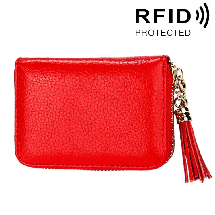 Genuine Cowhide Leather Solid Color Zipper Card Holder Wallet RFID Blocking Card Bag Protect Case Coin Purse with Tassel Pendant & 15 Card Slots for Women, Size: 11.1*7.6*3.5cm(Red) - Antimagnetic RFID Package by PMC TechLife | Online Shopping South Africa | PMC TechLife | Buy Now Pay Later Mobicred