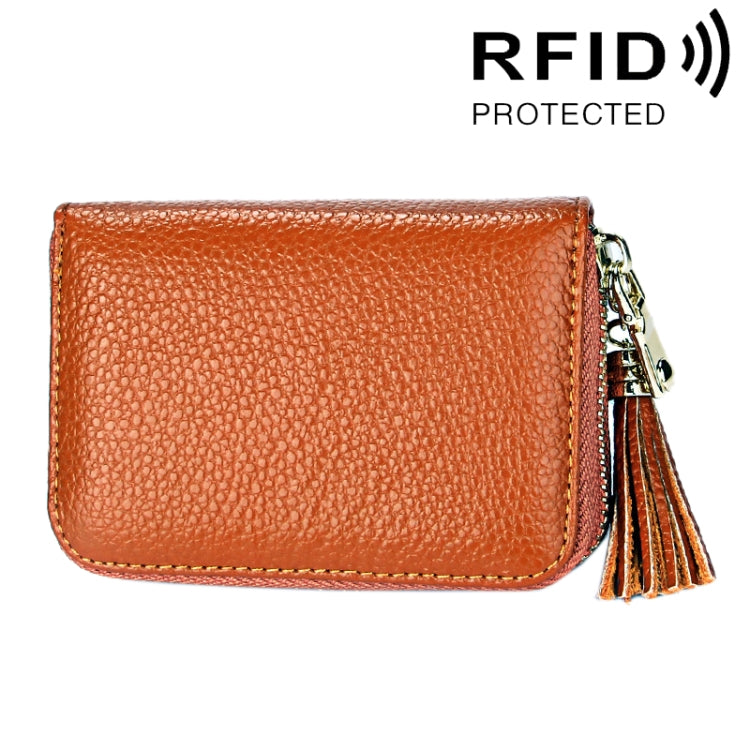 Genuine Cowhide Leather Solid Color Zipper Card Holder Wallet RFID Blocking Card Bag Protect Case Coin Purse with Tassel Pendant & 15 Card Slots for Women, Size: 11.1*7.6*3.5cm(Brown) - Antimagnetic RFID Package by PMC TechLife | Online Shopping South Africa | PMC TechLife | Buy Now Pay Later Mobicred