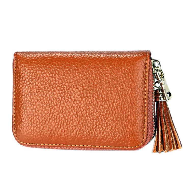 Genuine Cowhide Leather Solid Color Zipper Card Holder Wallet RFID Blocking Card Bag Protect Case Coin Purse with Tassel Pendant & 15 Card Slots for Women, Size: 11.1*7.6*3.5cm(Brown) - Antimagnetic RFID Package by PMC TechLife | Online Shopping South Africa | PMC TechLife | Buy Now Pay Later Mobicred