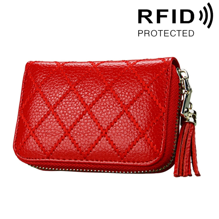Genuine Cowhide Leather Grid Texture Zipper Card Holder Wallet RFID Blocking Card Bag Protect Case Coin Purse with Tassel Pendant & 15 Card Slots for Women, Size: 11.1*7.9*3.5cm(Red) - Antimagnetic RFID Package by PMC TechLife | Online Shopping South Africa | PMC TechLife | Buy Now Pay Later Mobicred