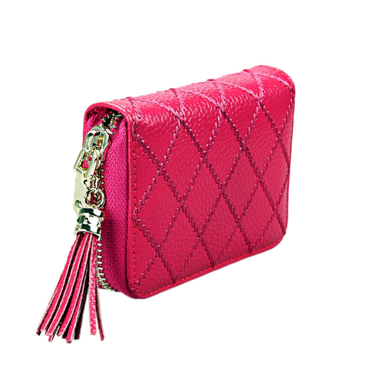 Genuine Cowhide Leather Grid Texture Zipper Card Holder Wallet RFID Blocking Card Bag Protect Case Coin Purse with Tassel Pendant & 15 Card Slots for Women, Size: 11.1*7.9*3.5cm(Red) - Antimagnetic RFID Package by PMC TechLife | Online Shopping South Africa | PMC TechLife | Buy Now Pay Later Mobicred