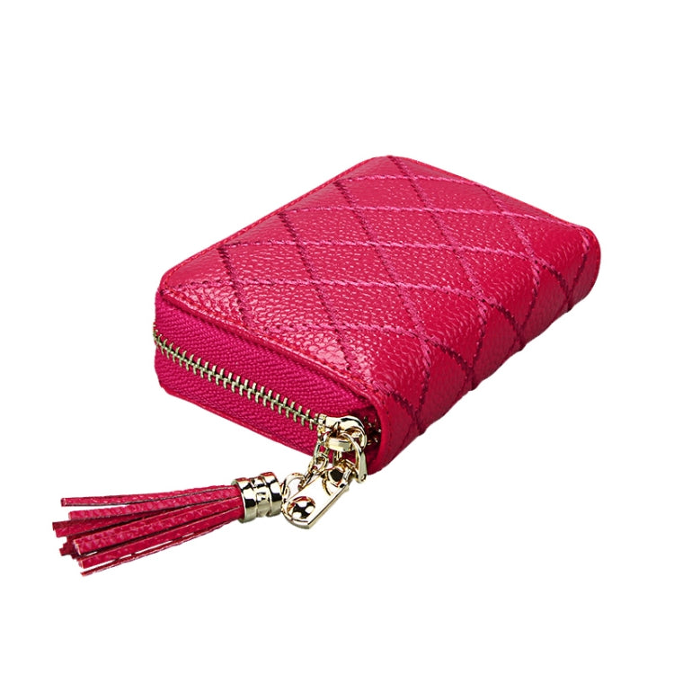 Genuine Cowhide Leather Grid Texture Zipper Card Holder Wallet RFID Blocking Card Bag Protect Case Coin Purse with Tassel Pendant & 15 Card Slots for Women, Size: 11.1*7.9*3.5cm(Red) - Antimagnetic RFID Package by PMC TechLife | Online Shopping South Africa | PMC TechLife | Buy Now Pay Later Mobicred