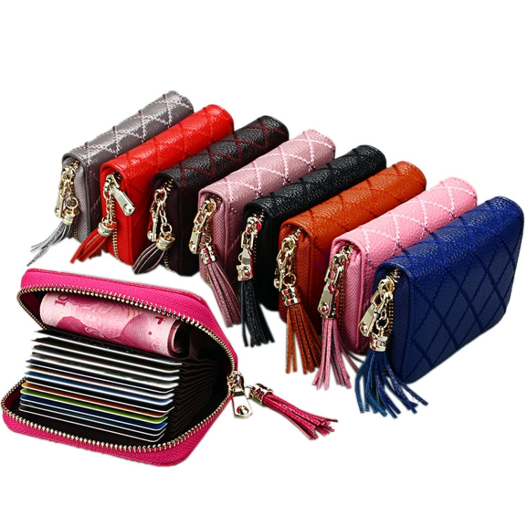 Genuine Cowhide Leather Grid Texture Zipper Card Holder Wallet RFID Blocking Card Bag Protect Case Coin Purse with Tassel Pendant & 15 Card Slots for Women, Size: 11.1*7.9*3.5cm(Grey) - Antimagnetic RFID Package by PMC TechLife | Online Shopping South Africa | PMC TechLife | Buy Now Pay Later Mobicred