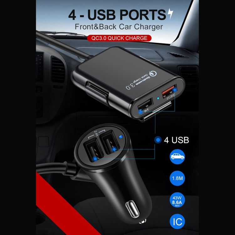 HMQ-C801 1.8m 8A Max 4 Ports USB Car Charger with Extending USB HUB for Front & Back Seat Charging (Black) - Car Charger by PMC TechLife | Online Shopping South Africa | PMC TechLife