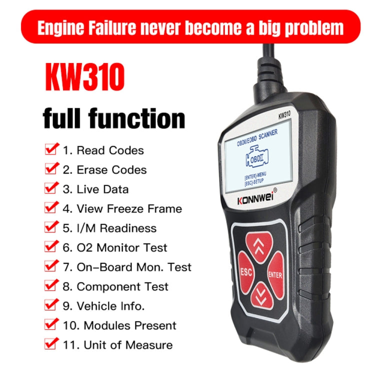 KONNWEI KW310 OBD Car Fault Detector Code Reader ELM327 OBD2 Scanner Diagnostic Tool(Black) - Code Readers & Scan Tools by KONNWEI | Online Shopping South Africa | PMC TechLife | Buy Now Pay Later Mobicred