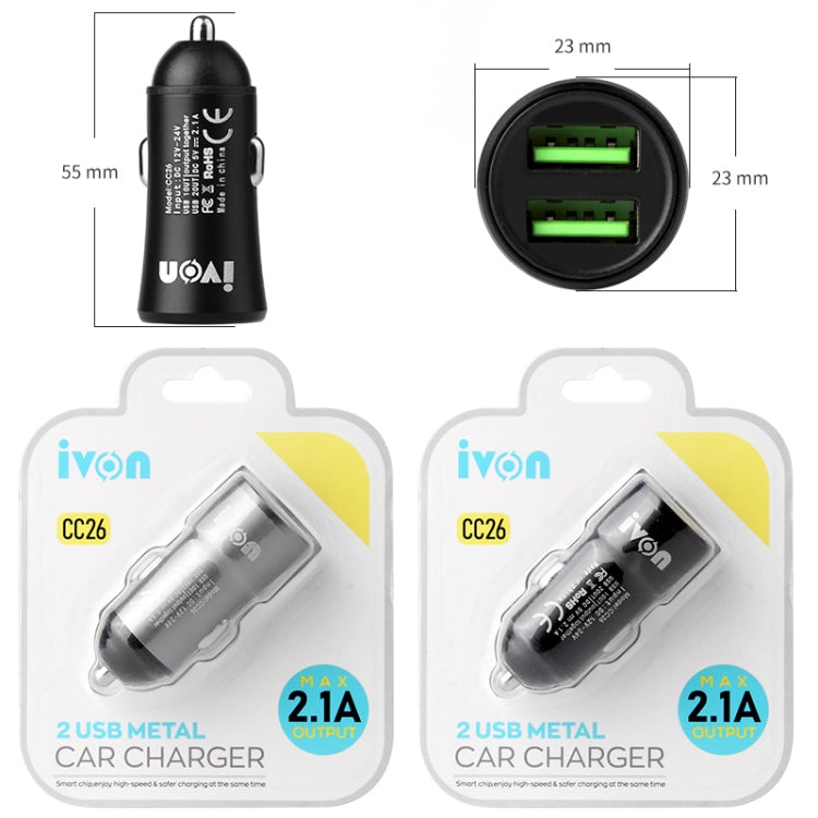 IVON CC26 5V 2.1A Dual USB Port Mini Car Charger (Grey) - Car Charger by IVON | Online Shopping South Africa | PMC TechLife
