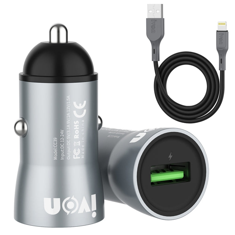 IVON CC39 18W 3.1A QC 3.0 USB Car Charger + 1m USB to 8 Pin Fast Charge Data Cable Set - Car Charger by IVON | Online Shopping South Africa | PMC TechLife