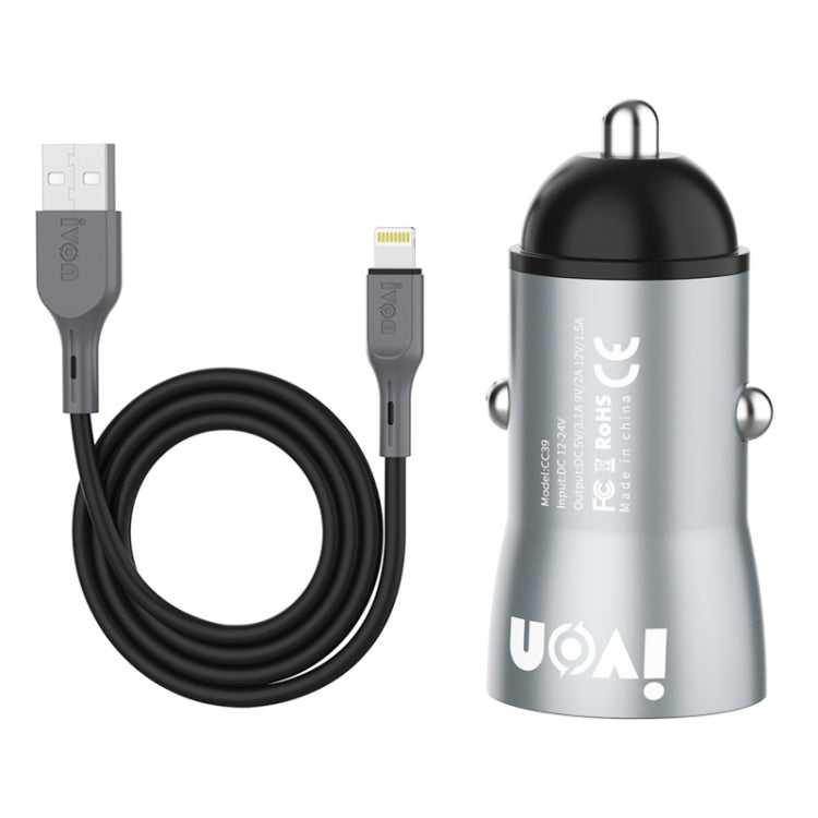 IVON CC39 18W 3.1A QC 3.0 USB Car Charger + 1m USB to 8 Pin Fast Charge Data Cable Set - Car Charger by IVON | Online Shopping South Africa | PMC TechLife