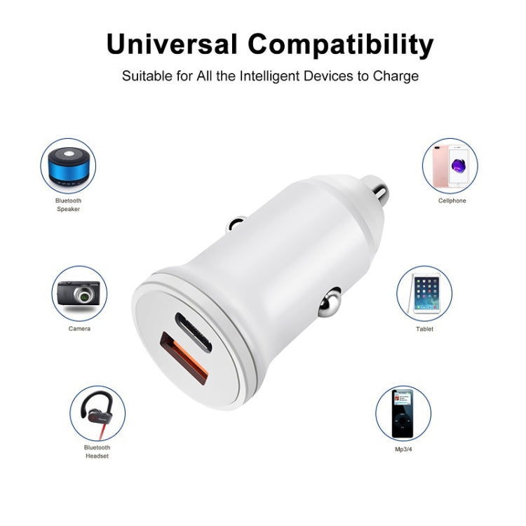 PD 20W USB-C / Type-C + QC 3.0 USB Interface Fast Charging Car Charger (White) - free shipping - PMC TechLife - Order now!